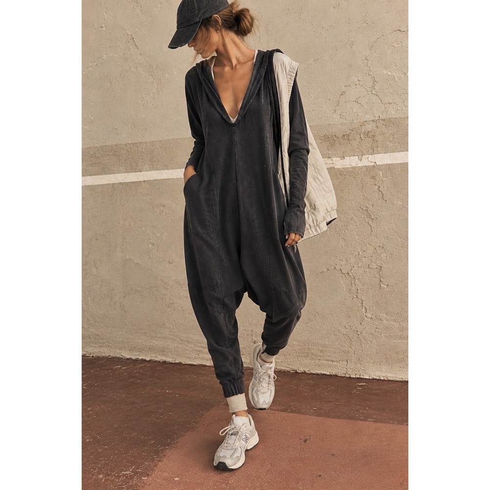 FP Movement Free People Hot Shot Hooded Romper Washed Black Jumpsuit Large